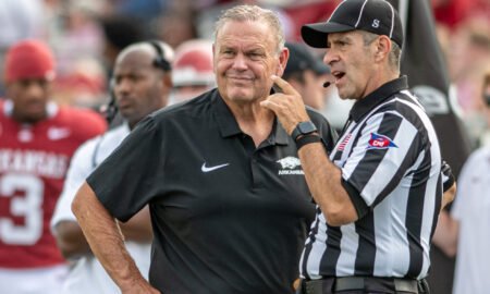 Arkansas Razorbacks coach Sam Pittman on the sidelines at Razorback Stadium