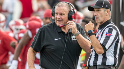 Arkansas Razorbacks coach Sam Pittman on the sidelines at Razorback Stadium during game with the Arkansas State Red Wolves