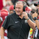 Arkansas Razorbacks coach Sam Pittman on the sidelines at Razorback Stadium during game with the Arkansas State Red Wolves