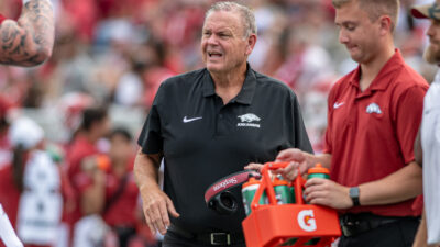 Arkansas Razorbacks coach Sam Pittman on the sidelines at Razorback Stadium during game with the Arkansas State Red Wolves