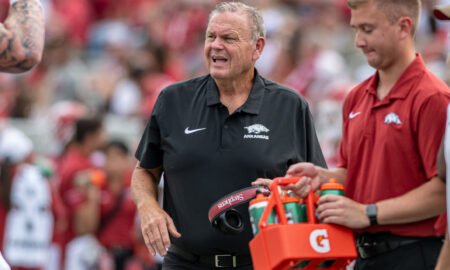Arkansas Razorbacks coach Sam Pittman on the sidelines at Razorback Stadium during game with the Arkansas State Red Wolves