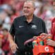 Arkansas Razorbacks coach Sam Pittman on the sidelines at Razorback Stadium during game with the Arkansas State Red Wolves