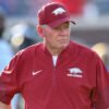 Arkansas Razorbacks offensive coordinator Bobby Petrino in pregame warmups before facing the Ole Miss Rebels