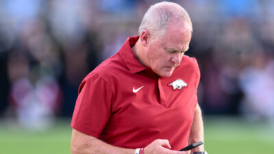 Arkansas Razorbacks athletics director Hunter Yurachek on the sidelines during game against Arkansas State at War Memorial Stadium