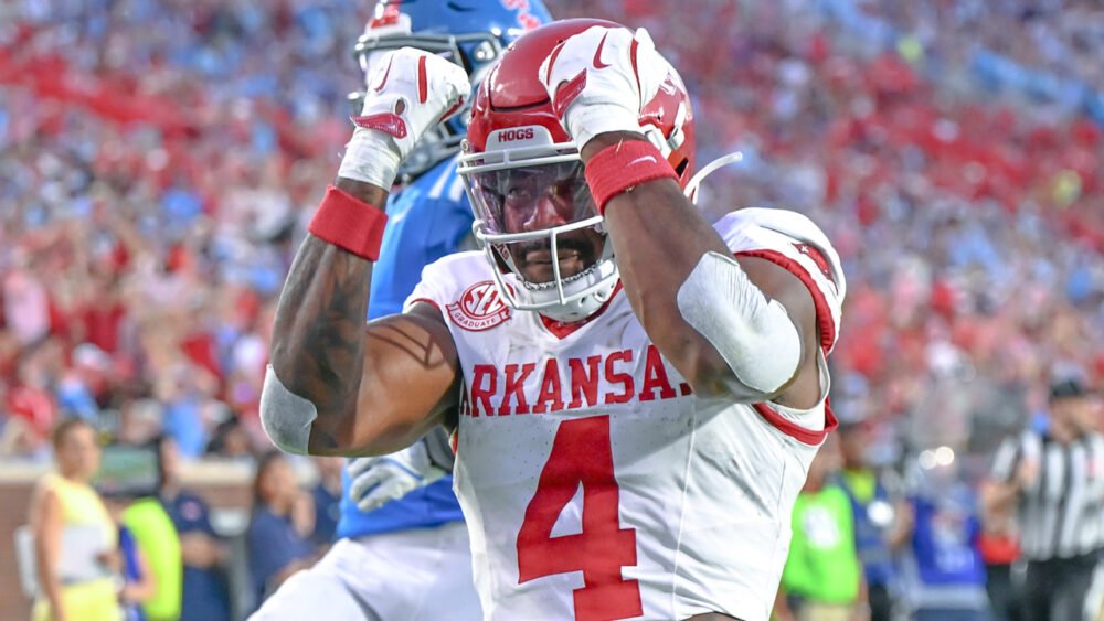 Arkansas Razorbacks running back Mike Washington after a scoring play against the Ole Miss Rebels