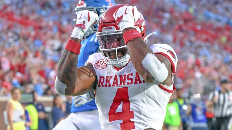 Arkansas Razorbacks running back Mike Washington after a scoring play against the Ole Miss Rebels