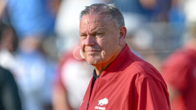 Arkansas Razorbacks coach Sam Pittman on the sidelines at Razorback Stadium