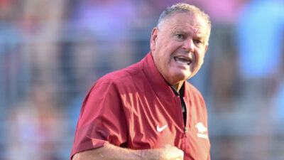Arkansas Razorbacks coach Sam Pittman on the sidelines at Razorback Stadium
