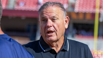 Arkansas Razorbacks coach Sam Pittman in a game against the Notre Dame Fighting Irish