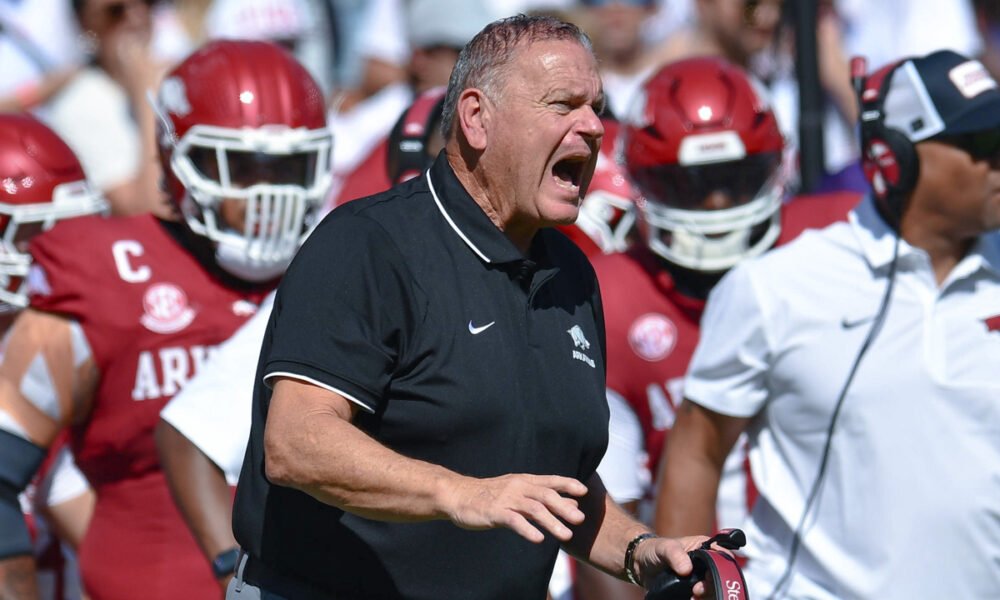 Arkansas Razorbacks coach Sam Pittman in a game against the Notre Dame Fighting Irish