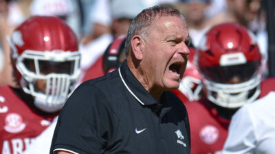 Arkansas Razorbacks coach Sam Pittman in a game against the Notre Dame Fighting Irish
