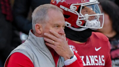 Arkansas Razorbacks athletics director Hunter Yurachek on the sidelines in a game against Missouri