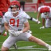 Arkansas Razorbacks tight end Andreas Paaske during spring practice drills