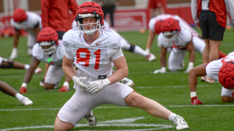 Arkansas Razorbacks tight end Andreas Paaske during spring practice drills