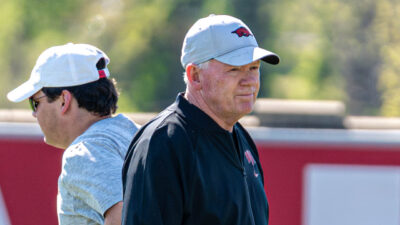 Arkansas Razorbacks offensive coordinator during a spring practice on the outdoor fields