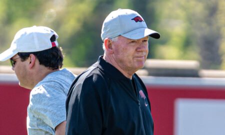 Arkansas Razorbacks offensive coordinator during a spring practice on the outdoor fields
