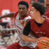 Arkansas Razorbacks guard Karter Knox guarding Isaiah Sealy during a summer practice