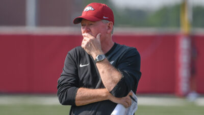 Arkansas Razorbacks offensive coordinator Bobby Petrino during a fall camp practice on the outdoor practice fields