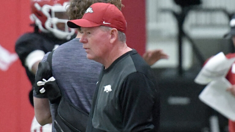 Arkansas Razorbacks offensive coordinator Bobby Petrino during fall camp practices