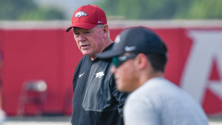 Arkansas Razorbacks offensive coordinator Bobby Petrino during fall practices