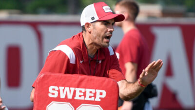 Arkansas Razorbacks wide receivers coach Ronnie Fouch during fall camp practices
