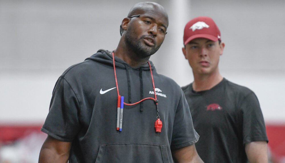 Arkansas Razorbacks running backs coach Kolby Smith during a fall practice at the indoor center