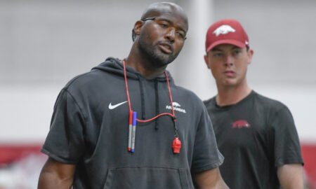Arkansas Razorbacks running backs coach Kolby Smith during a fall practice at the indoor center