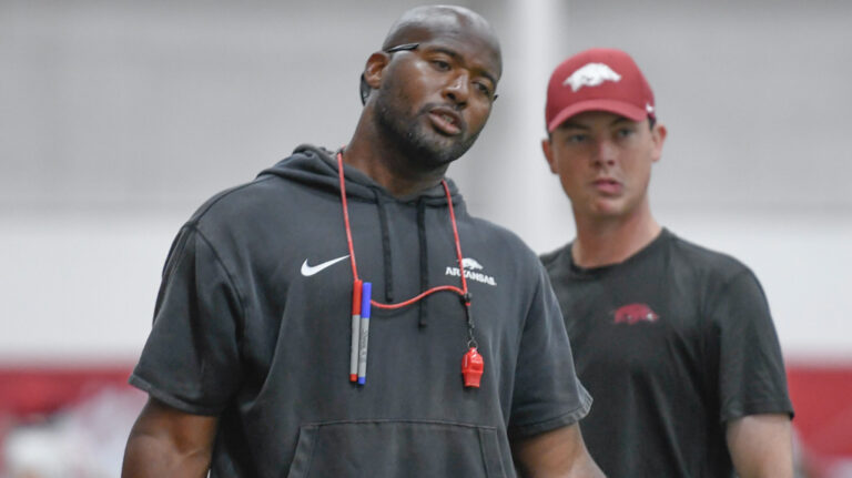 Arkansas Razorbacks running backs coach Kolby Smith during a fall practice at the indoor center