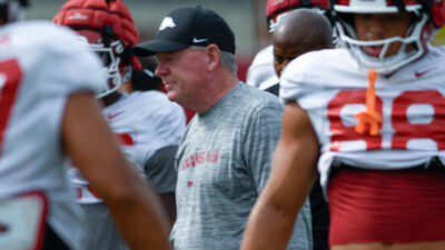 Arkansas Razorbacks offensive coordinator Bobby Petrino during fall camp practices on the outdoor fields