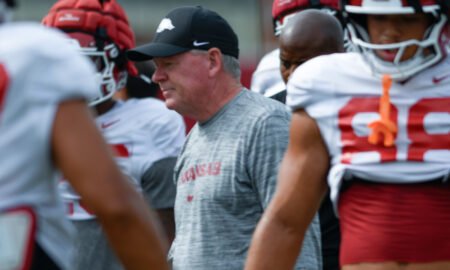 Arkansas Razorbacks offensive coordinator Bobby Petrino during fall camp practices on the outdoor fields