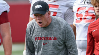 Arkansas Razorbacks offensive coordinator Bobby Petrino during fall camp practices