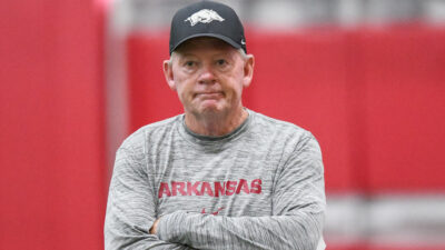 Arkansas Razorbacks offensive coordinator Bobby Petrino during fall camp practices on the outdoor fields