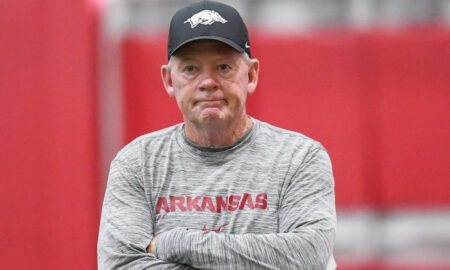 Arkansas Razorbacks offensive coordinator Bobby Petrino during fall camp practices on the outdoor fields