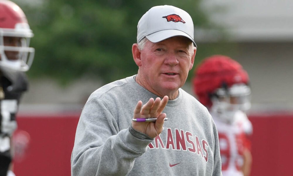 Arkansas Razorbacks offensive coordinator Bobby Petrino during fall camp practices