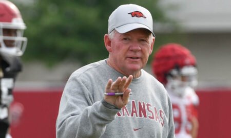 Arkansas Razorbacks offensive coordinator Bobby Petrino during fall camp practices
