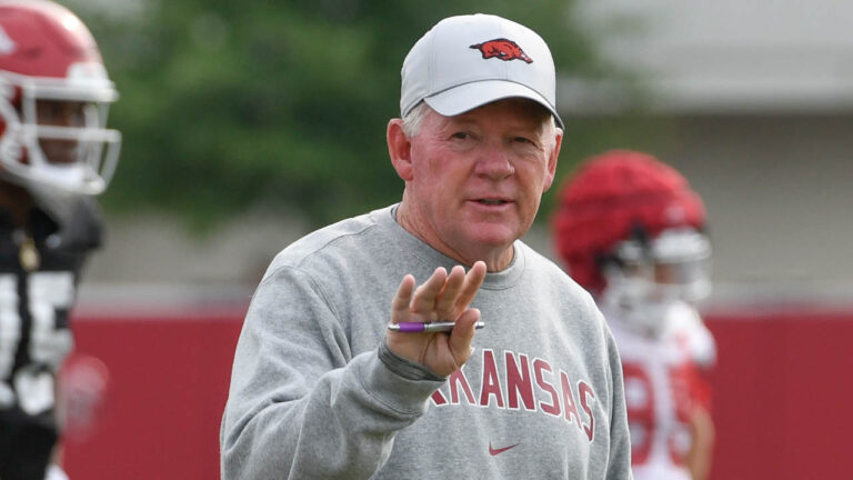 Arkansas Razorbacks offensive coordinator Bobby Petrino during fall camp practices