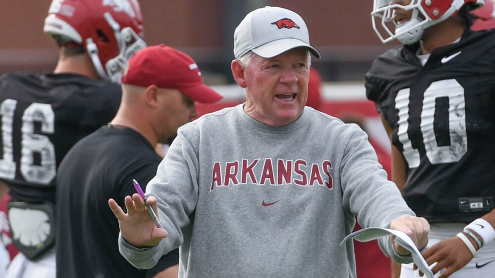 Arkansas Razorbacks offensive coordinator Bobby Petrino during fall camp practices