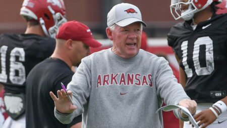 Arkansas Razorbacks offensive coordinator Bobby Petrino during fall camp practices