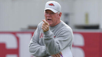 Arkansas Razorbacks offensive coordinator Bobby Petrino during fall camp practices