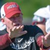 Arkansas Razorbacks offensive coordinator Bobby Petrino during a fall camp practice