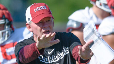 Arkansas Razorbacks offensive coordinator Bobby Petrino during a fall camp practice