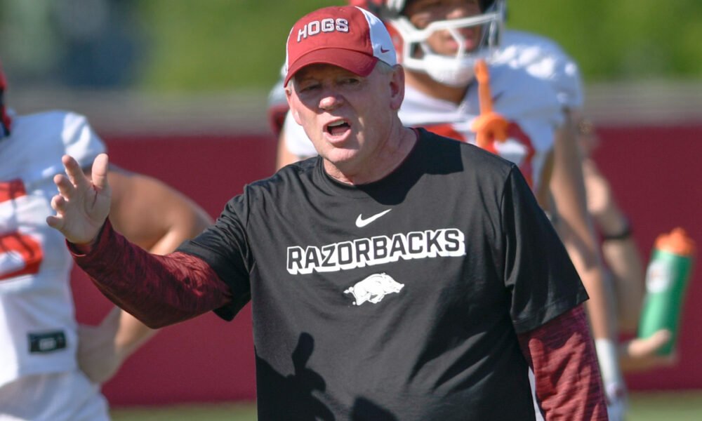 Arkansas Razorbacks offensive coordinator Bobby Petrino during a fall camp practice