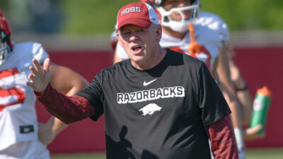 Arkansas Razorbacks offensive coordinator Bobby Petrino during a fall camp practice