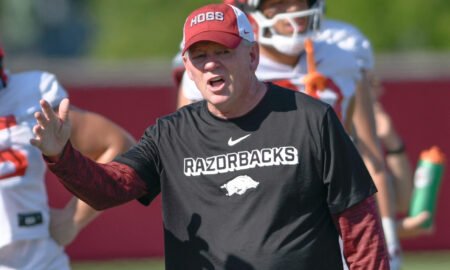 Arkansas Razorbacks offensive coordinator Bobby Petrino during a fall camp practice