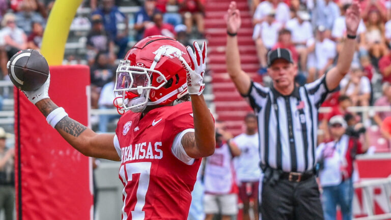 Arkansas Razorbacks wide receiver Jaylen Brown celebrates after a touchdown against Alabama A&M