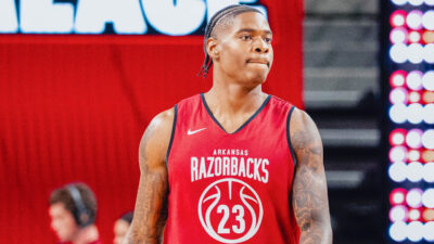 Arkansas Razorbacks forward Nick Pringle at Bud Walton Arena for the Primetime at the Palace event