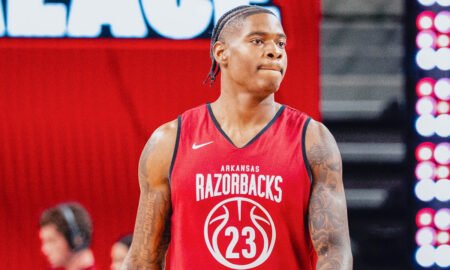 Arkansas Razorbacks forward Nick Pringle at Bud Walton Arena for the Primetime at the Palace event