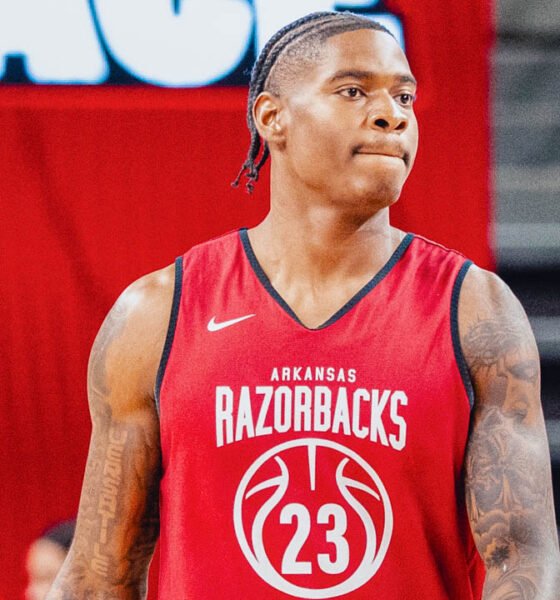 Arkansas Razorbacks forward Nick Pringle at Bud Walton Arena for the Primetime at the Palace event