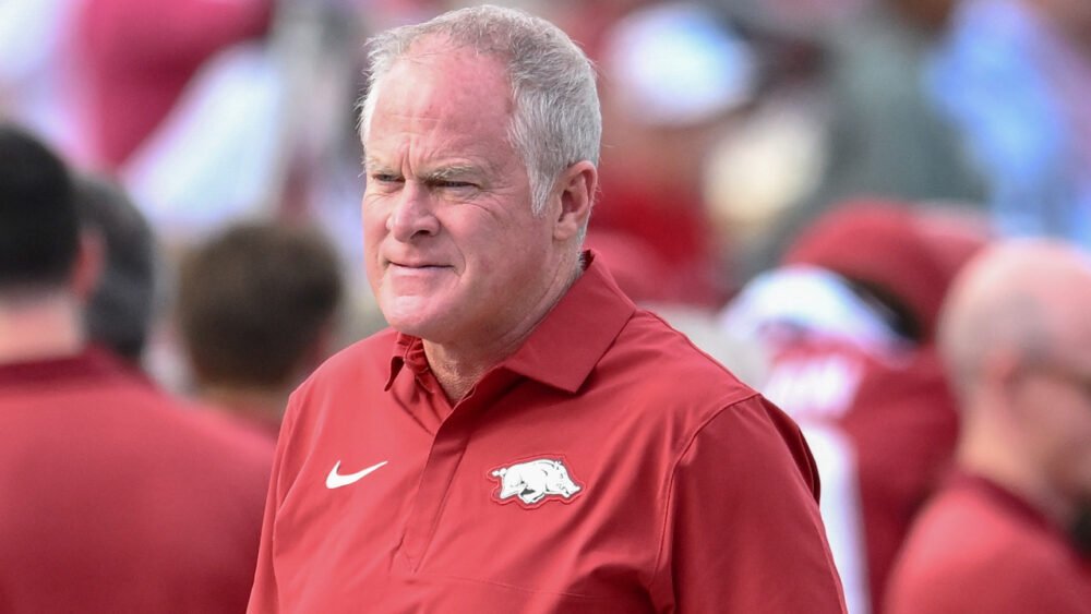 Arkansas Razorbacks athletics director Hunter Yurachek on the sidelines during game with the Arkansas State Red Wolves