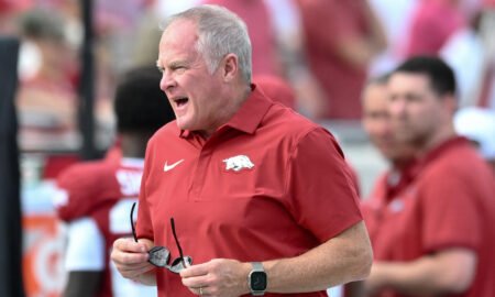 Arkansas Razorbacks athletics director Hunter Yurachek on the sidelines during game against Arkansas State